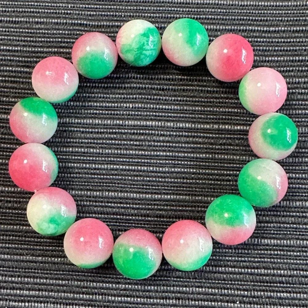 Watermelon Candy Jade Beaded Stretch Bracelet Pink Green Ombre 12mm Round Beads
